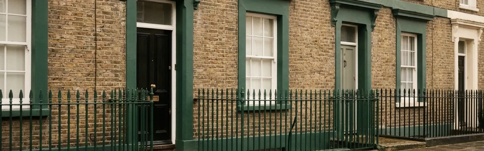 A Victorian British terraced house facade in soft overcast daylight